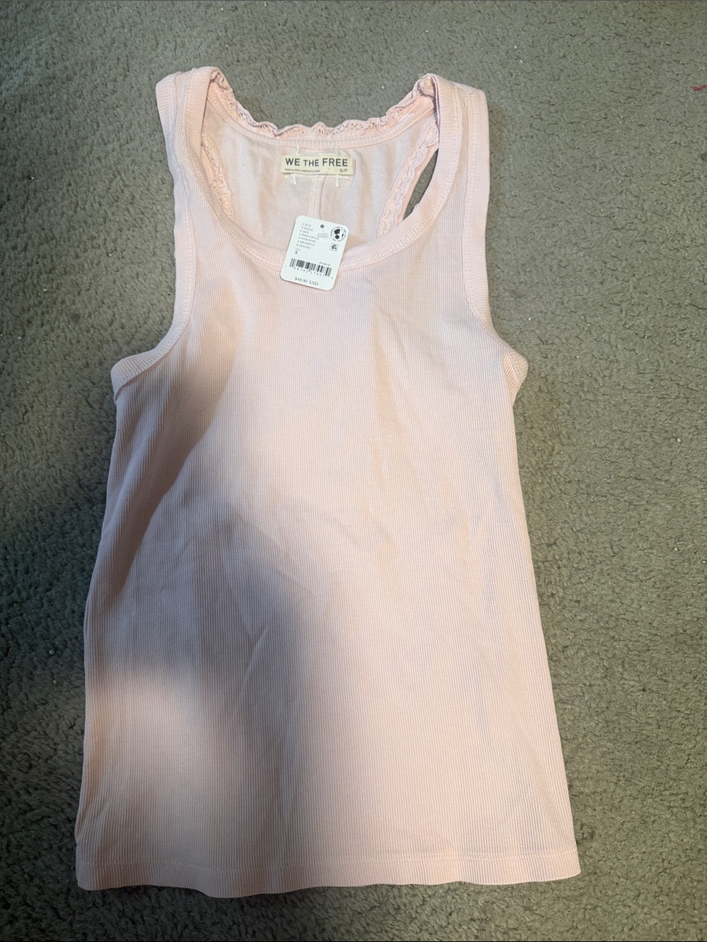 We The Free Pale Pink Ribbed Lace-Trim Tank Top Sz S